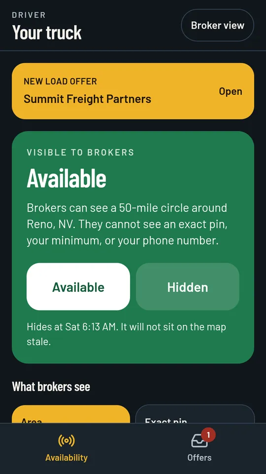 Driver screen with the Available and Hidden switch